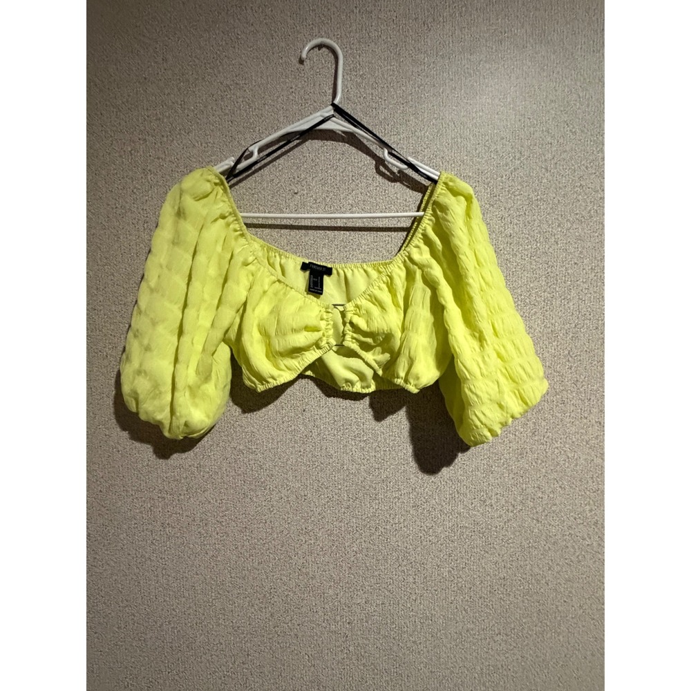 Forever 21 Neon Yellow Puff Sleeve Crop Top Ruched O-Ring Sweetheart Neck Small